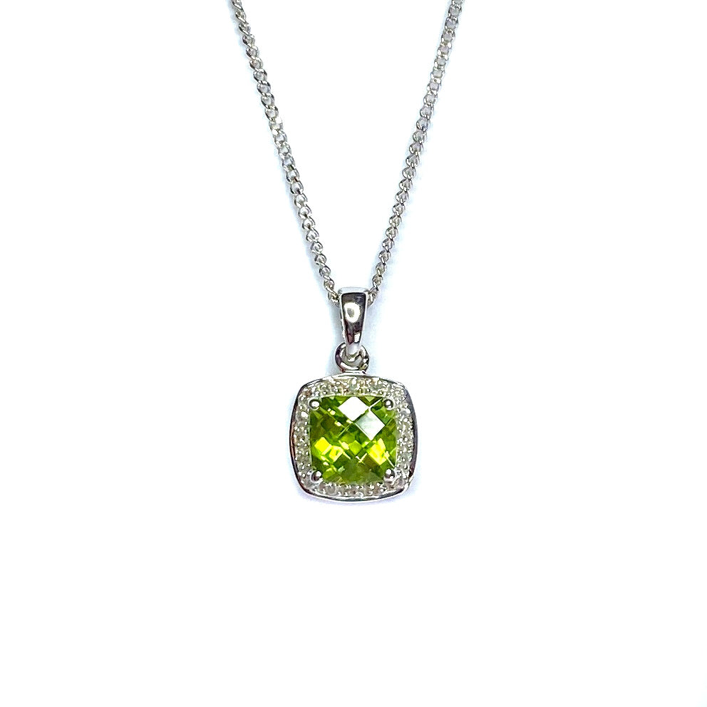 9ct White Gold Peridot & Diamond Pendant