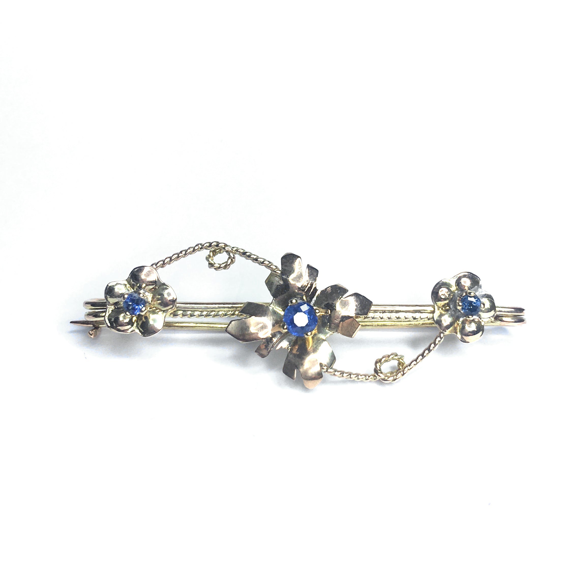 Second Hand 9ct Yellow Gold Sapphire Flower Brooch