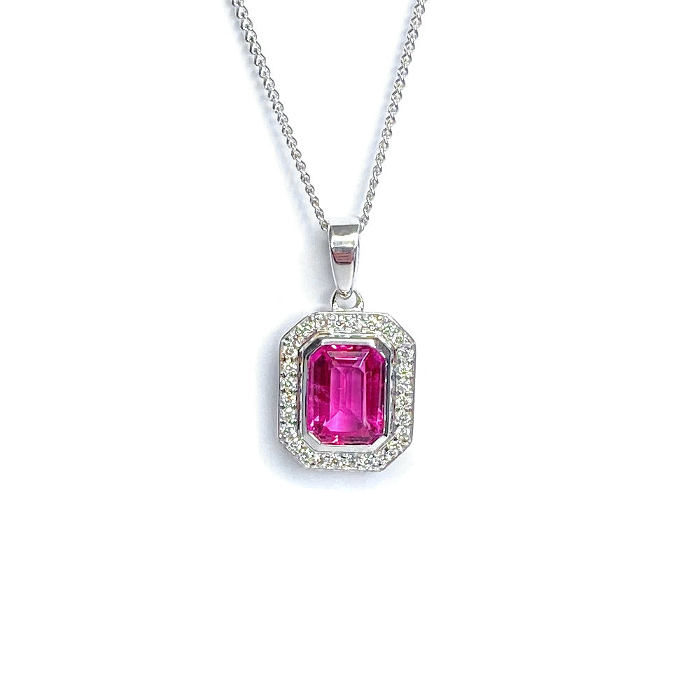 18ct White Gold Pink Tourmaline & Diamond Pendant