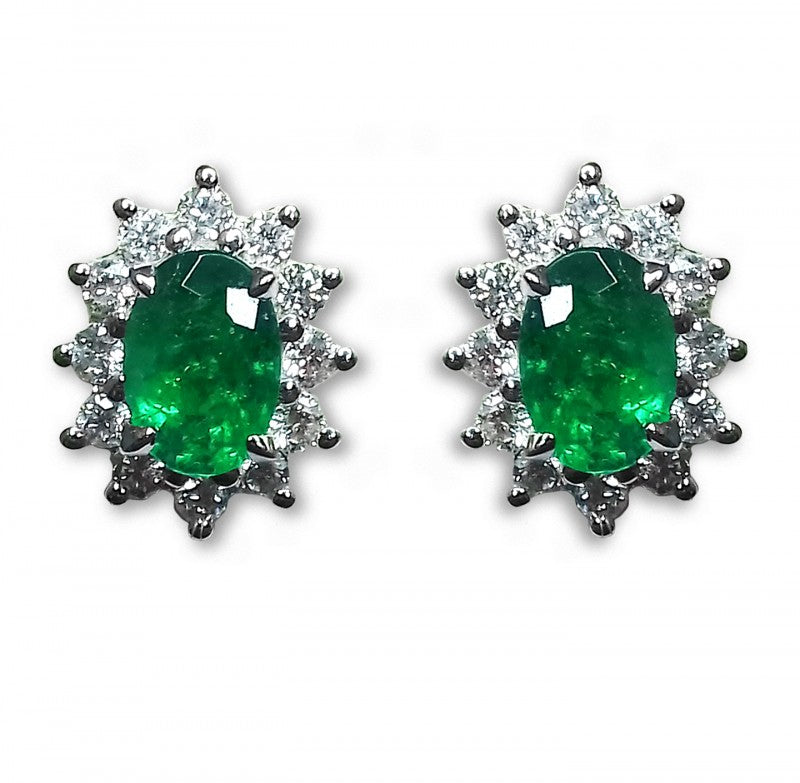 18ct White Gold Emerald & Diamond Cluster Earrings