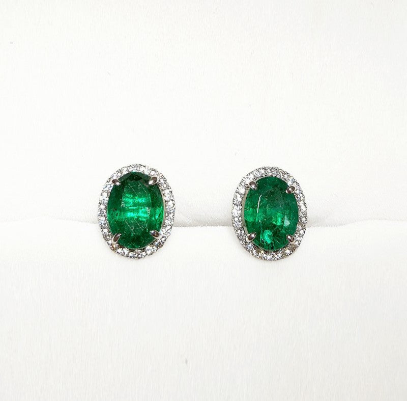18ct White Gold Emerald & Diamond Oval Earrings