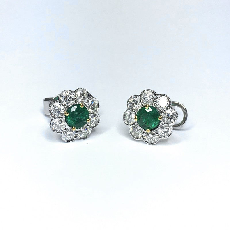 18ct White Gold Emerald & Diamond Cluster Earrings