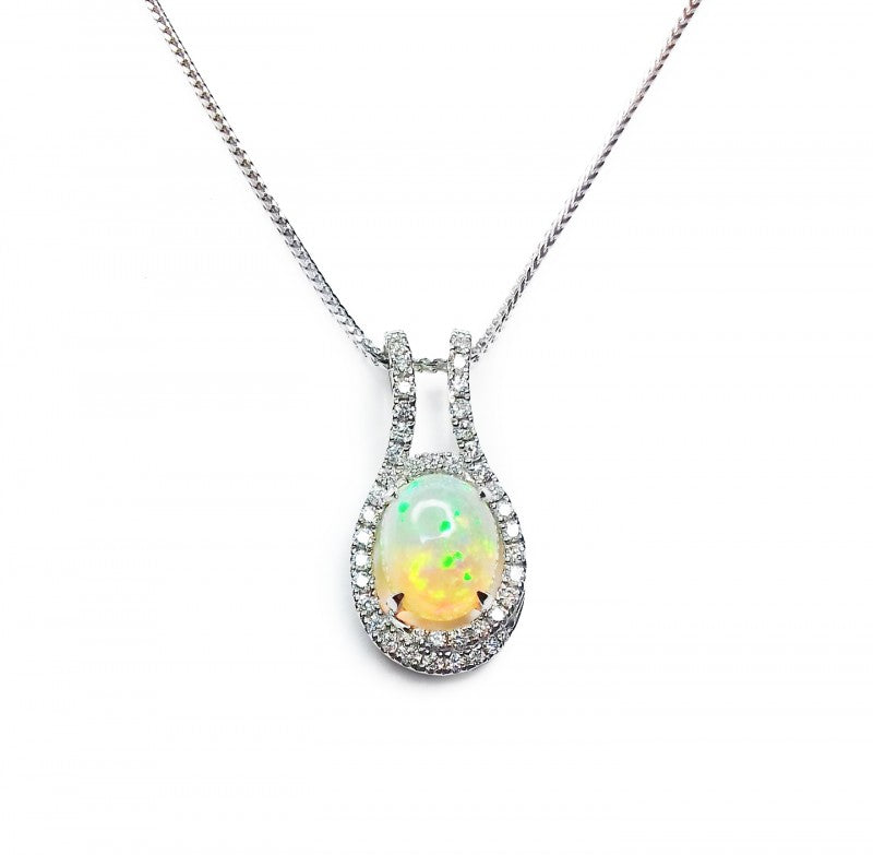 Opal &amp; Diamonds Pendant in 18ct White Gold